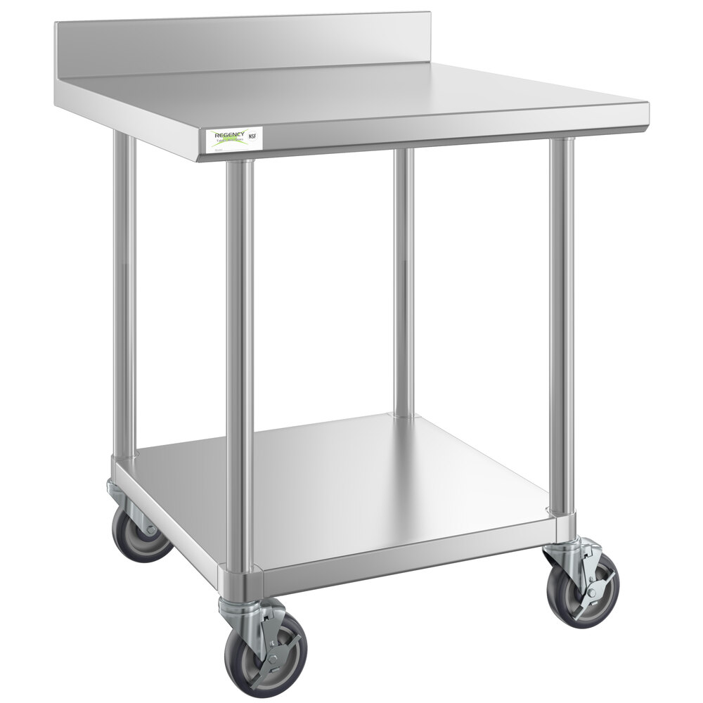 Regency 30" x 30" 16-Gauge 304 Stainless Steel Commercial Work Table with 4" Backsplash, Undershelf, and Casters