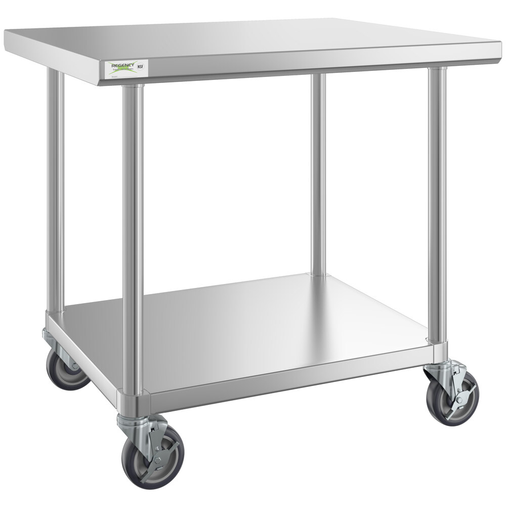 Regency 30" x 36" 16-Gauge 304 Stainless Steel Commercial Work Table with Undershelf and Casters