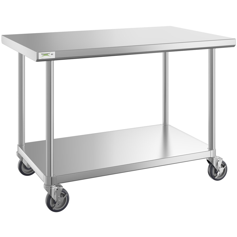 Regency 30" x 48" 16-Gauge 304 Stainless Steel Commercial Work Table with Undershelf and Casters