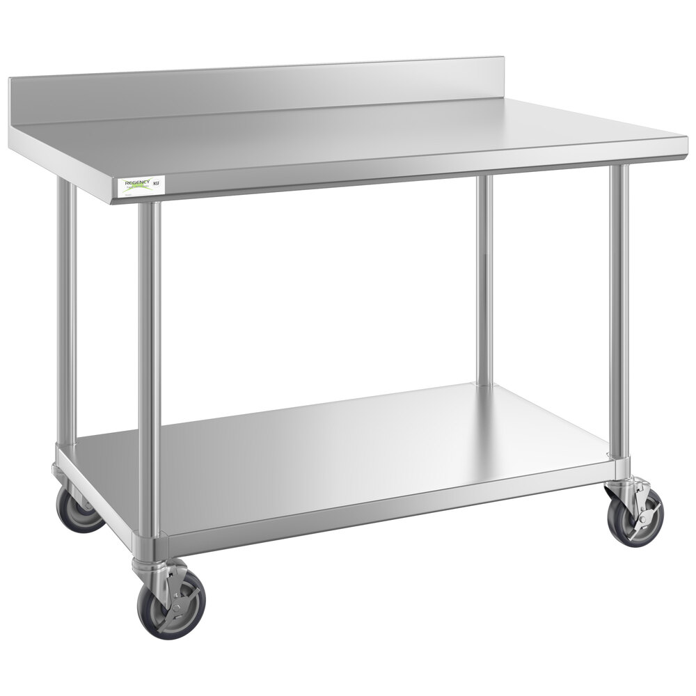 Regency 30" x 48" 16-Gauge 304 Stainless Steel Commercial Work Table with 4" Backsplash, Undershelf, and Casters