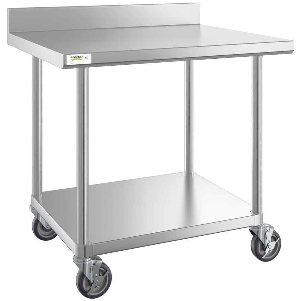 Regency 30" x 36" 16-Gauge 304 Stainless Steel Commercial Work Table with 4" Backsplash, Undershelf, and Casters