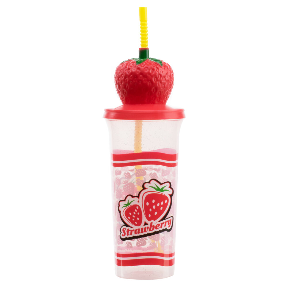 32 oz. Sparkle Strawberry Top Souvenir Cup with Lid and Straw - 70/Case