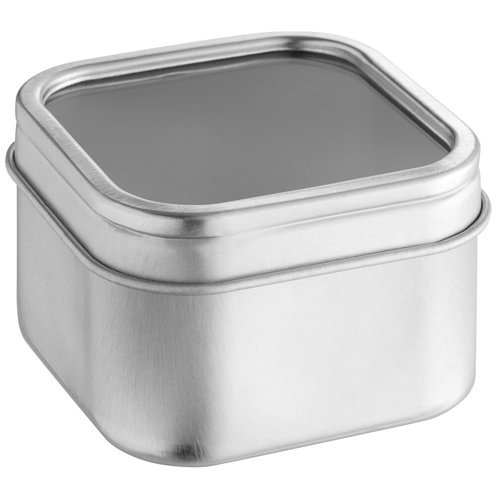 2 3/8" x 2 3/8" x 1 3/8" Silver Square Tin with Clear Window Lid - 1,440/Case