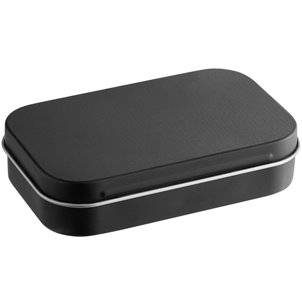 3 11/16" x 2 1/4" x 13/16" Black Rectangular Tin with Hinged Lid - 200/Case
