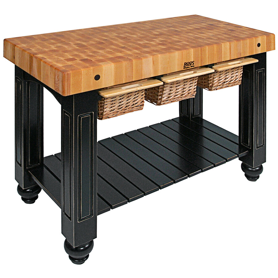 John Boos & Co. CU-GB4824-BK 48" x 24" Black Maple Gathering Block with Undershelf and 3 Wicker Baskets