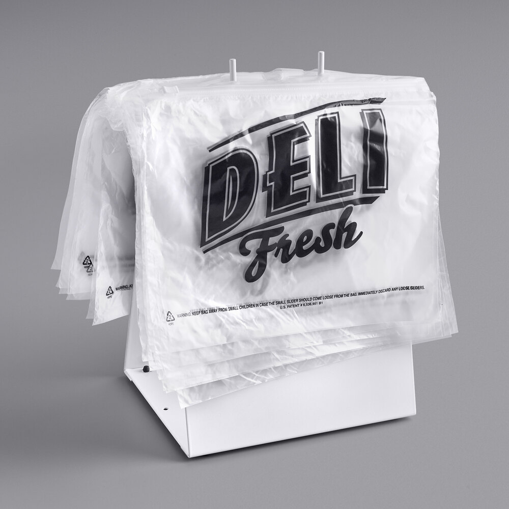 Choice Deli Saddle Bag Stand with 10" x 8" Printed "Deli Fresh" HDPE Plastic Deli Bags - Slide Seal Top