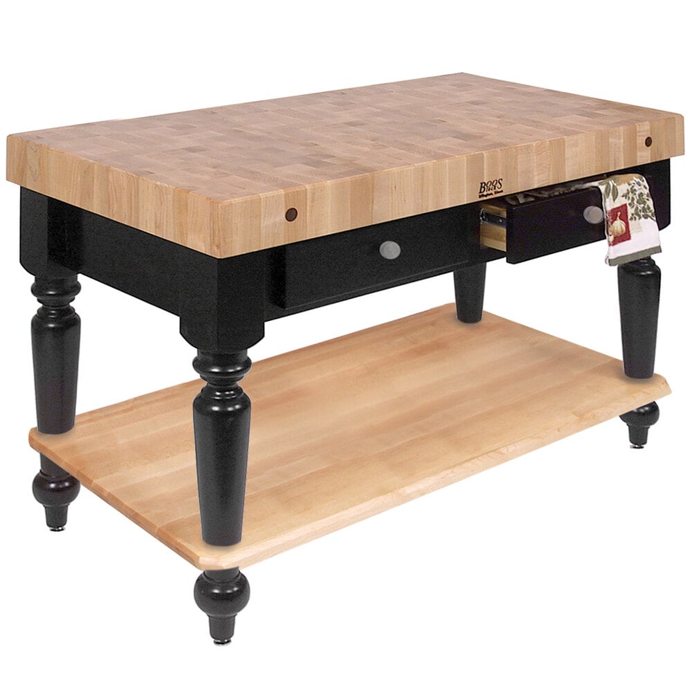 John Boos & Co. CUCR05-SHF-BK Rustica 48" x 24" Black Maple Island with Undershelf and 2 Drawers
