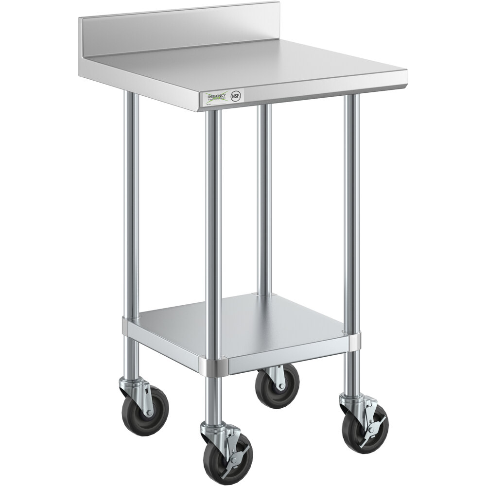 Regency 24" x 24" 18-Gauge 304 Stainless Steel Commercial Work Table with 4" Backsplash, Galvanized Legs, Undershelf, and Casters