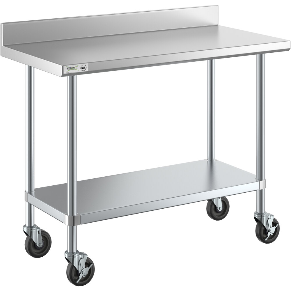Regency 24" x 48" 18-Gauge 304 Stainless Steel Commercial Work Table with 4" Backsplash, Galvanized Legs, Undershelf, and Casters