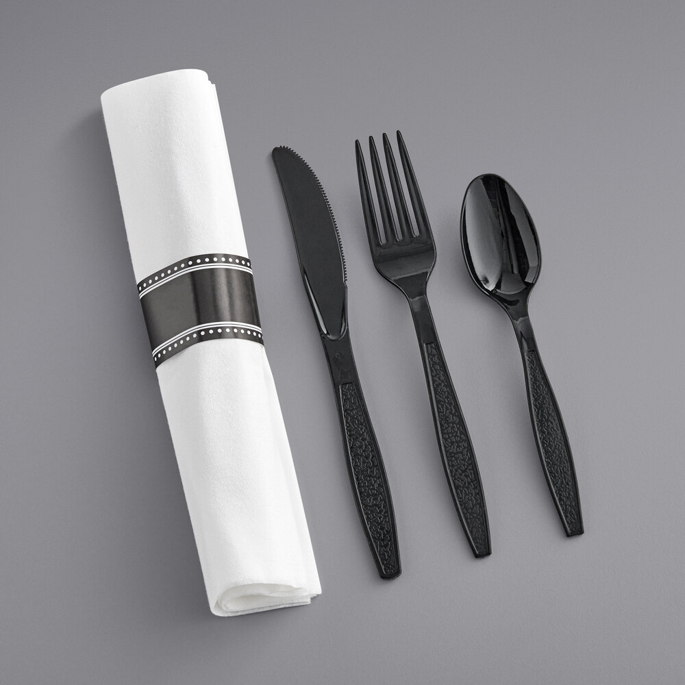 Visions 17" x 17" White Pre-Rolled Linen-Feel Napkin and Black Heavy Weight Plastic Cutlery Set - 25/Pack
