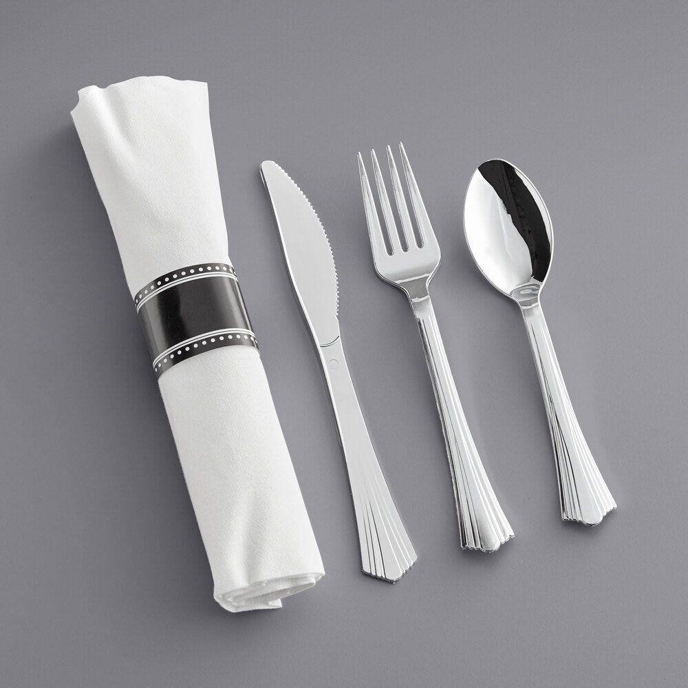Visions Fluted 17" x 17" Pre-Rolled Linen-Feel White Napkin and Silver Heavy Weight Plastic Cutlery Set - 100/Case