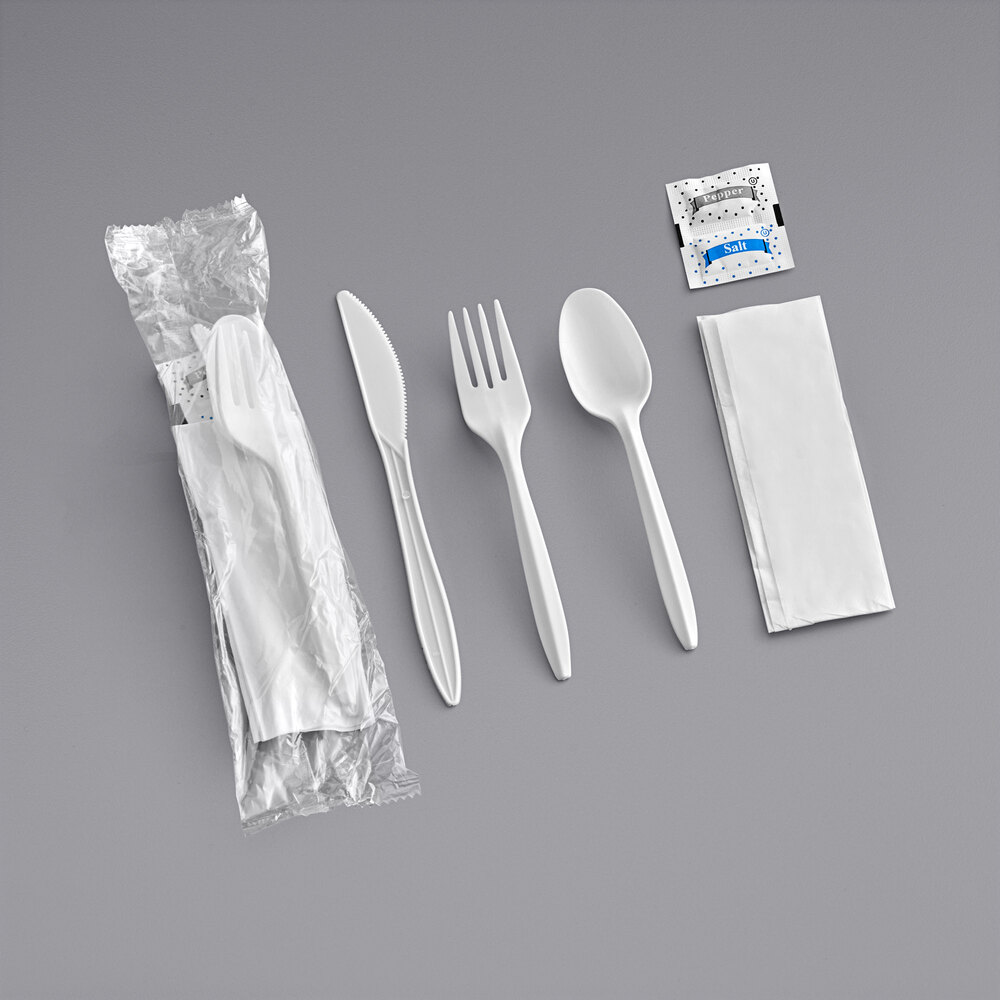 Choice White Medium Weight Wrapped Polypropylene Plastic Cutlery Pack with Napkin and Salt / Pepper Packets - 250/Case