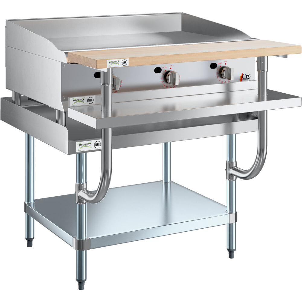 Cooking Performance Group 36GTSWPNL 36" Thermostatic Griddle with Regency Equipment Stand, Wooden Adjustable Work Surface, and Plate Shelf - 90,000 BTU