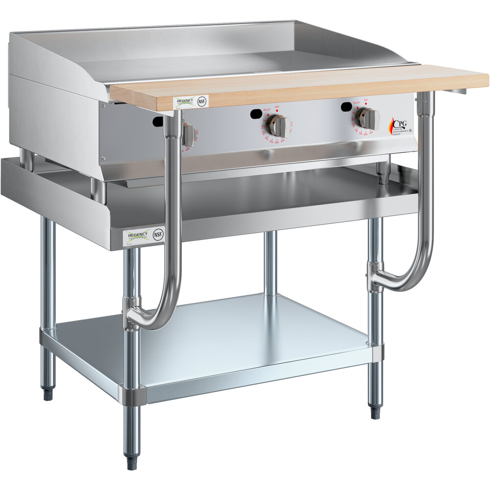 Cooking Performance Group 36GTSWNL 36" Thermostatic Griddle with Regency Equipment Stand and Wooden Adjustable Work Surface - 90,000 BTU