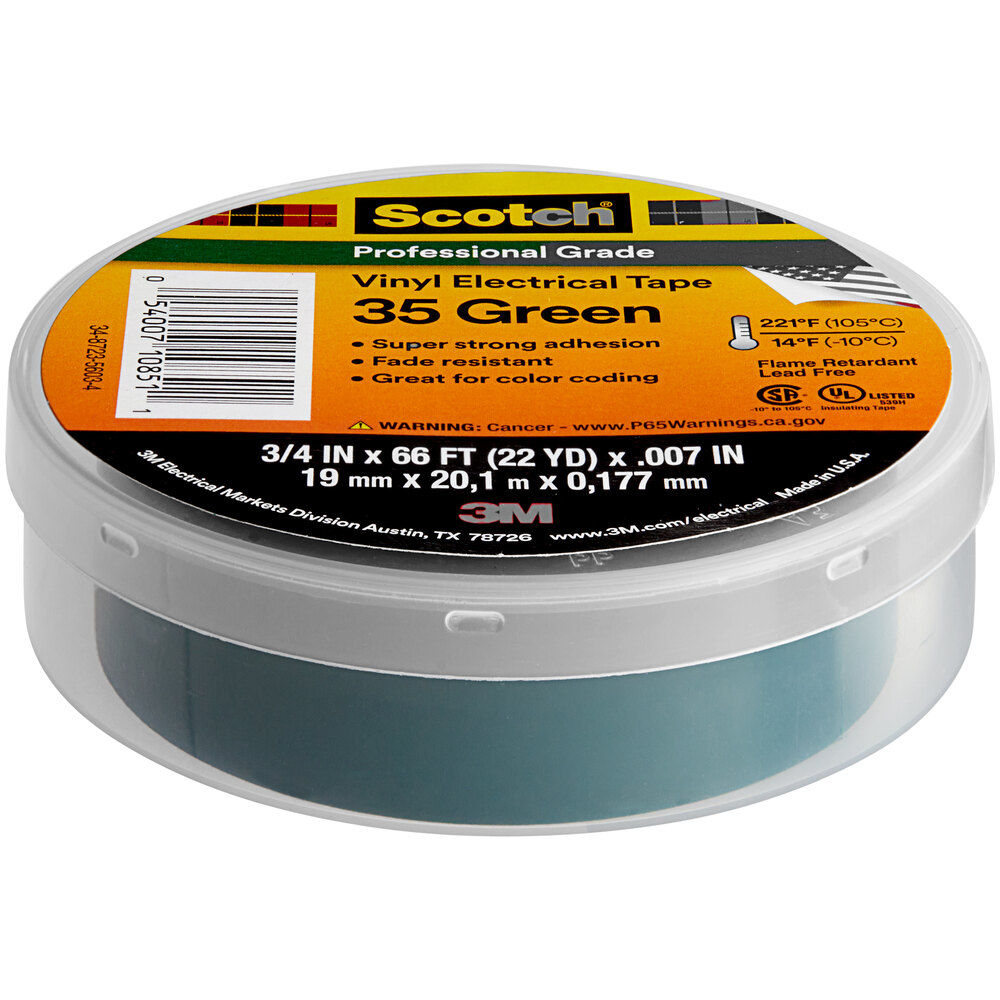 3M Scotch™ 0.75" x 66' Green Vinyl Electrical Tape 35-3/4X66FT-GN - 10/Pack