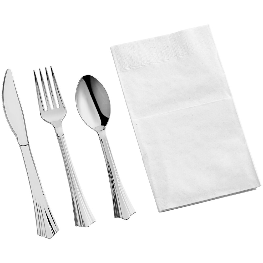 Visions Flared Heavy Weight Silver Plastic Cutlery Set with White Pocket Fold Napkin - 50/Case