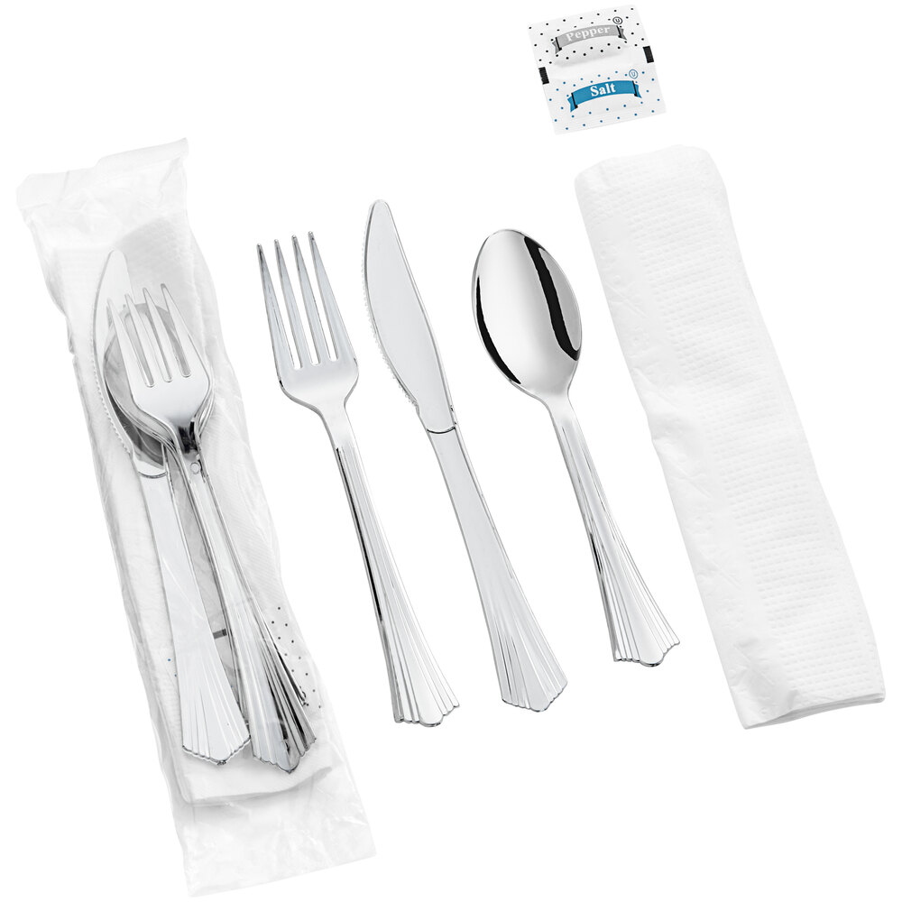 Visions Fluted Individually Wrapped Silver Heavy Weight Plastic Cutlery Set with Napkin and Salt and Pepper Packets - 100/Case