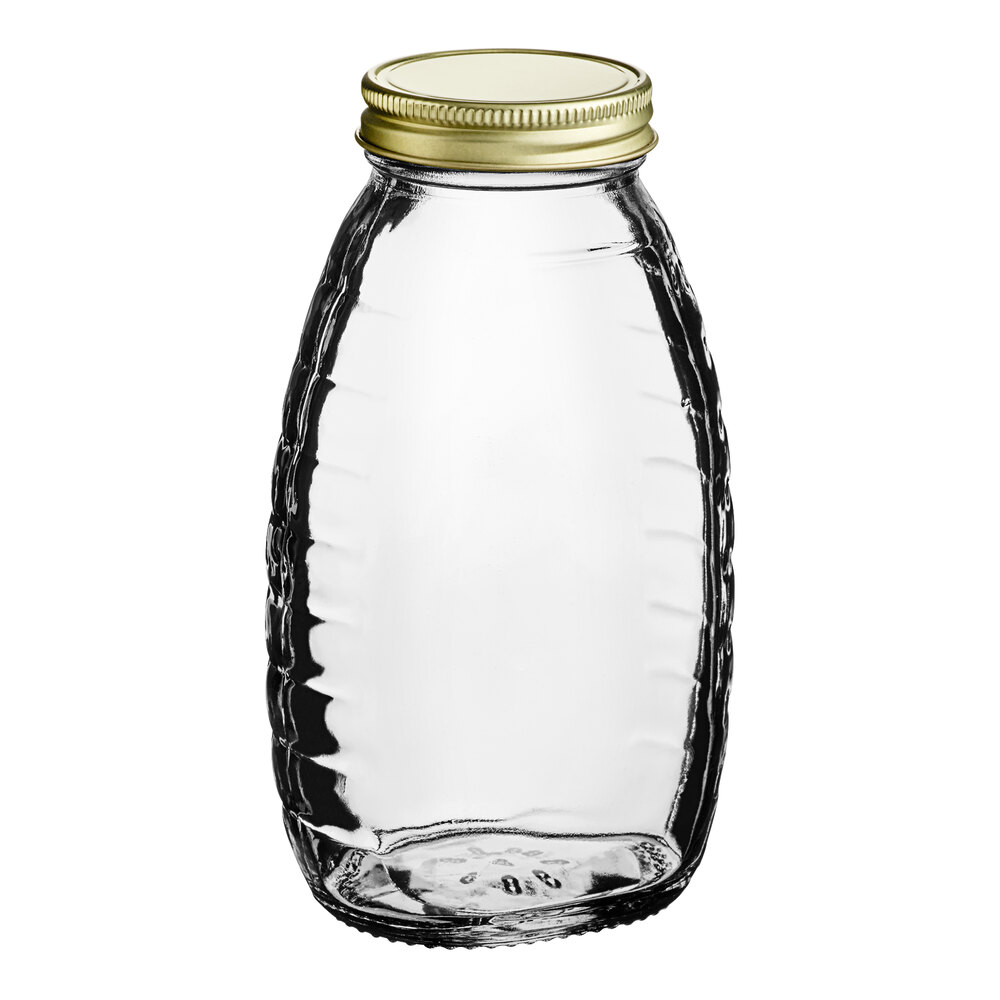 12 oz. (16 oz. Honey Weight) Classic Queenline Glass Honey Jar Kit with Plastisol-Lined Gold Metal Lid- 12/Case - 12/Case