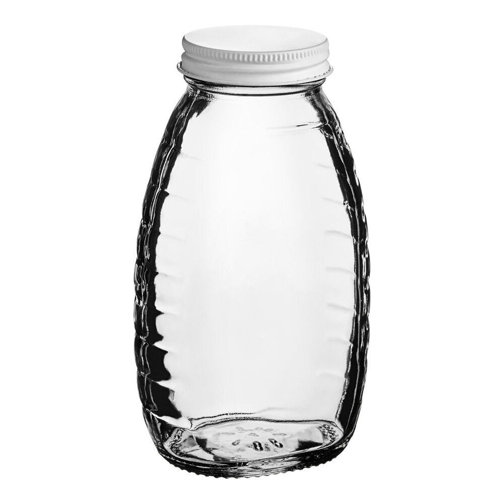 12 oz. (16 oz. Honey Weight) Classic Queenline Glass Honey Jar Kit with Plastisol-Lined White Metal Lid- 12/Case - 12/Case