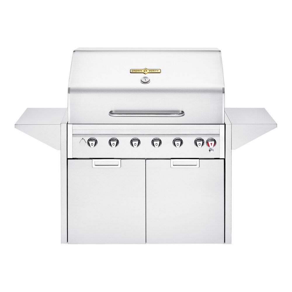 Crown Verity IE42MLP Estate Elite 42" Liquid Propane Cart Grill with Roll Dome, Bun Rack, Two End Shelves, Two-Door Cabinet and Custom Fitted Cover - 94,000 BTU