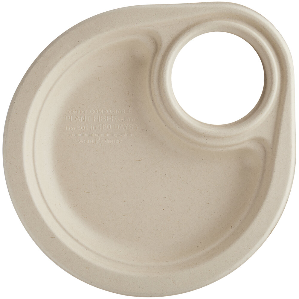 World Centric 9" No PFAS Added Round Compostable Plant Fiber Plate with Drink Holder - 400/Case