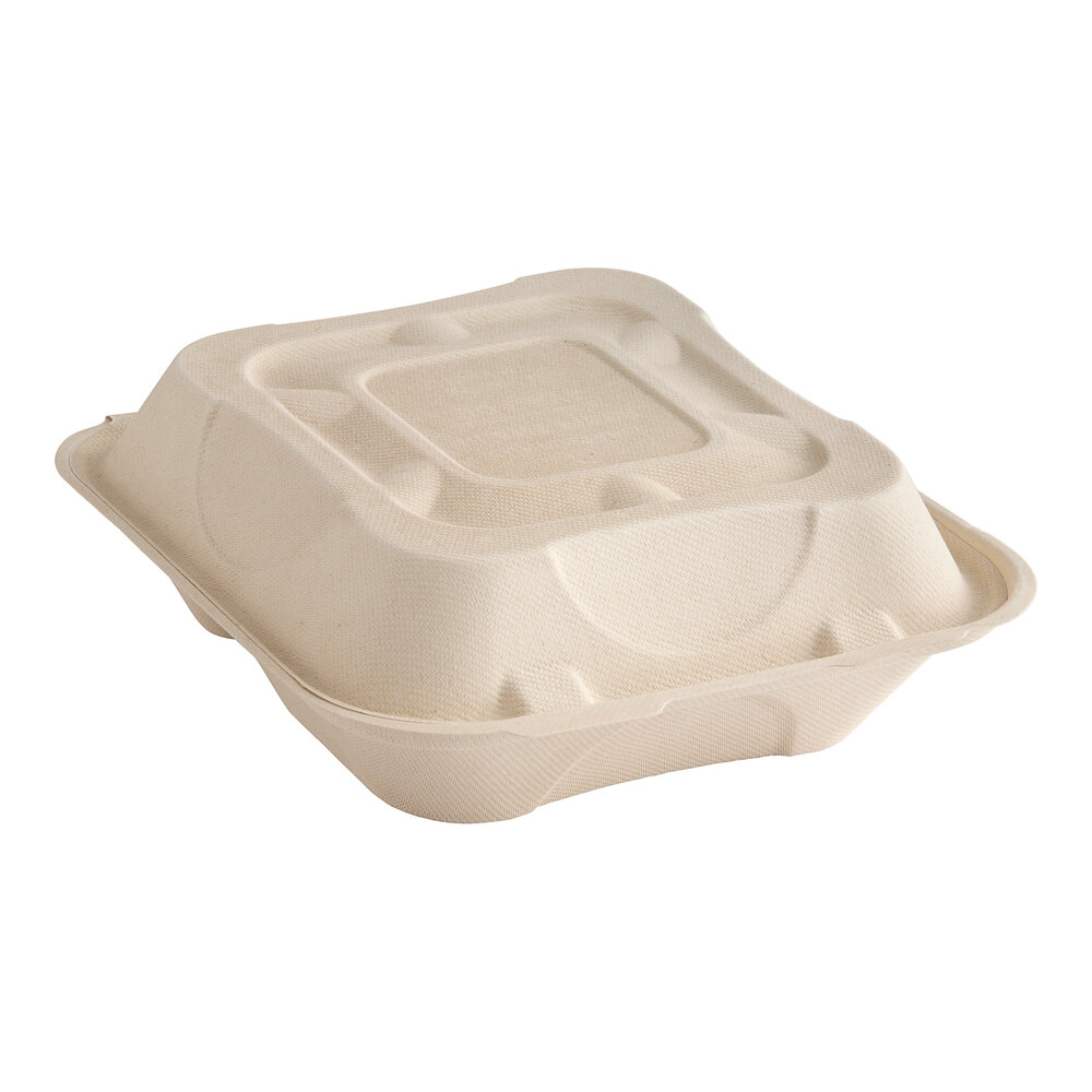 World Centric 8" x 8" x 3" 3-Compartment Compostable Fiber Clamshell with LeafPlus - 300/Case