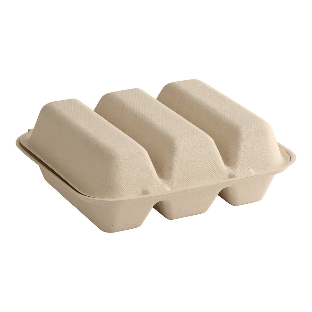 World Centric 3-Compartment Compostable Fiber Taco Clamshell 9" x 8" x 3" - 300/Case