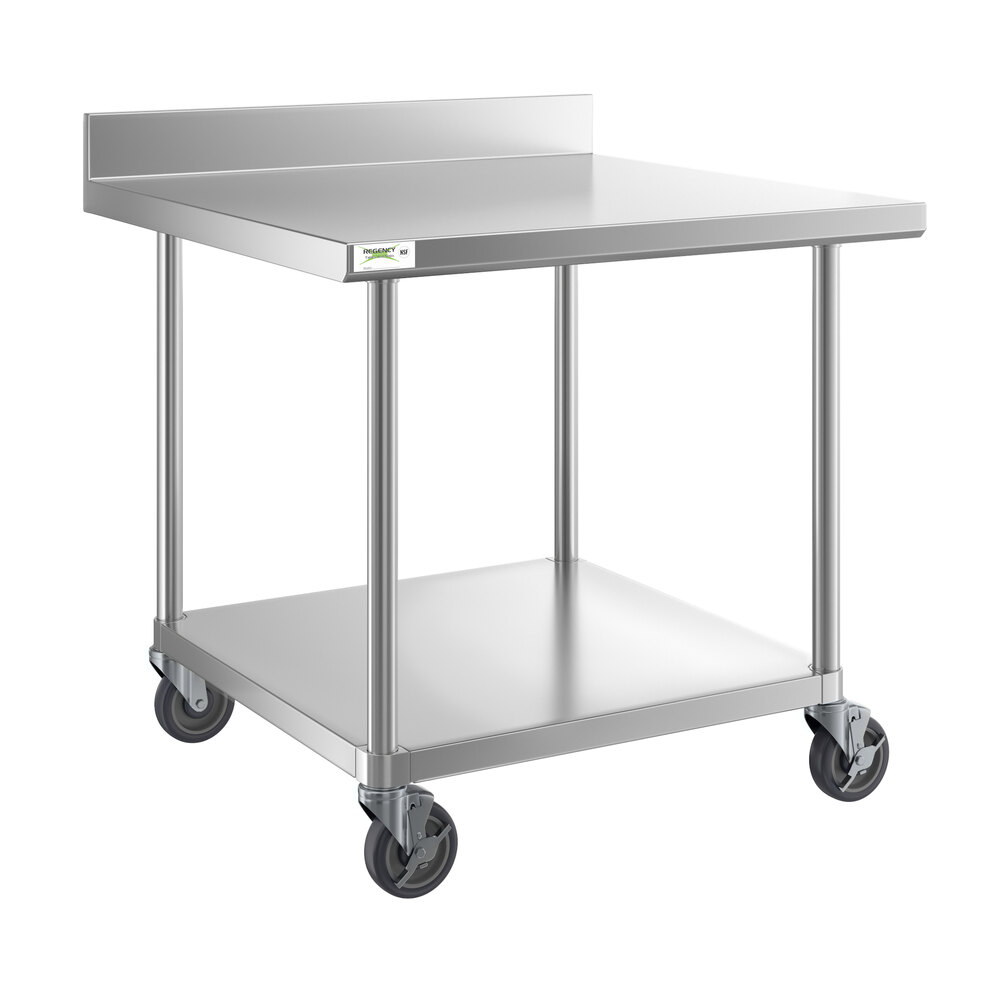 Regency 36" x 36" 16-Gauge 304 Stainless Steel Commercial Work Table with 4" Backsplash, Undershelf, and Casters