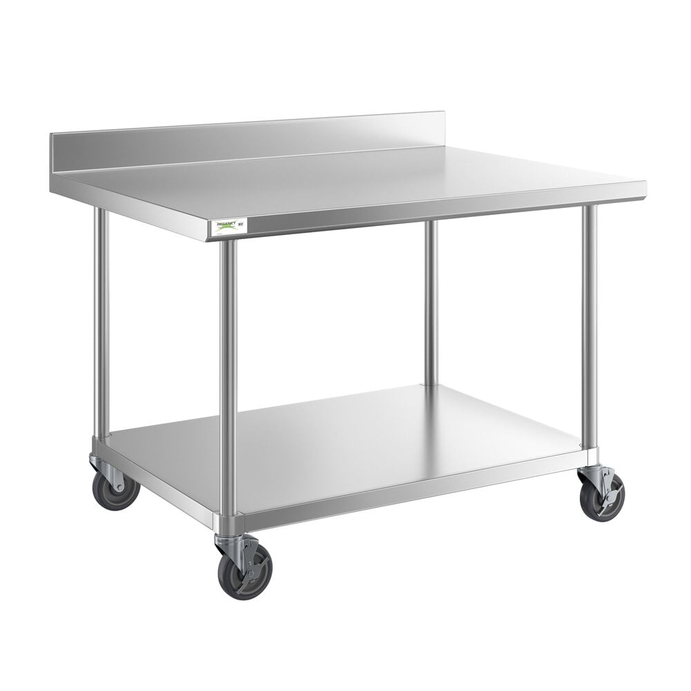 Regency 36" x 48" 16-Gauge 304 Stainless Steel Commercial Work Table with 4" Backsplash, Undershelf, and Casters