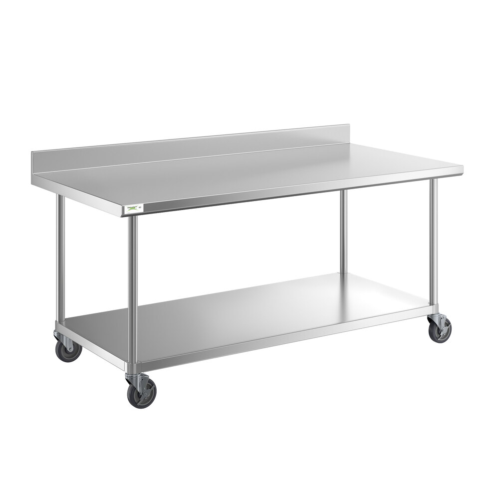 Regency 36" x 72" 16-Gauge 304 Stainless Steel Commercial Work Table with 4" Backsplash, Undershelf, and Casters