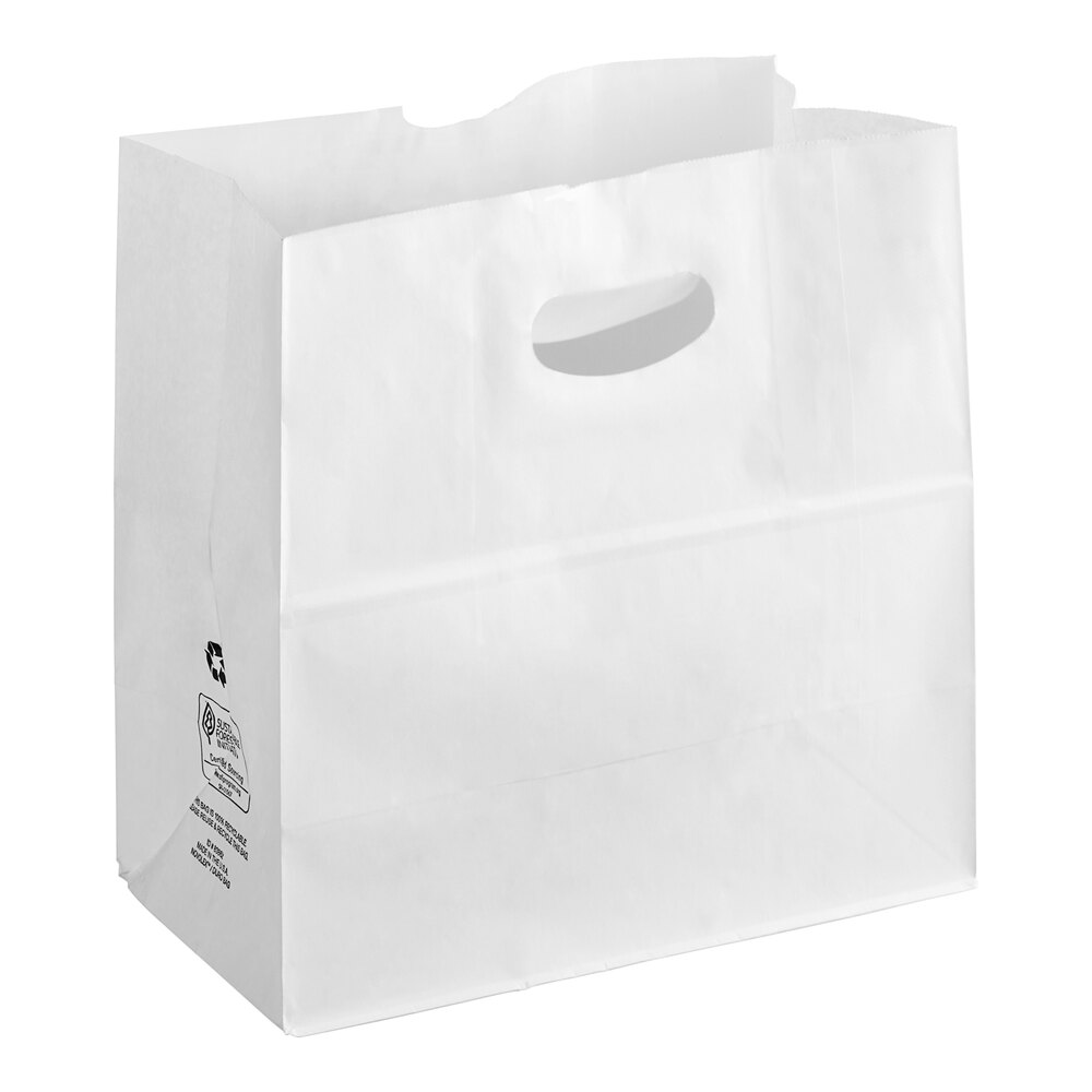 Duro 11" x 6" x 11" White Paper Bag with 3/4 Die Cut Handles - 500/Bundle