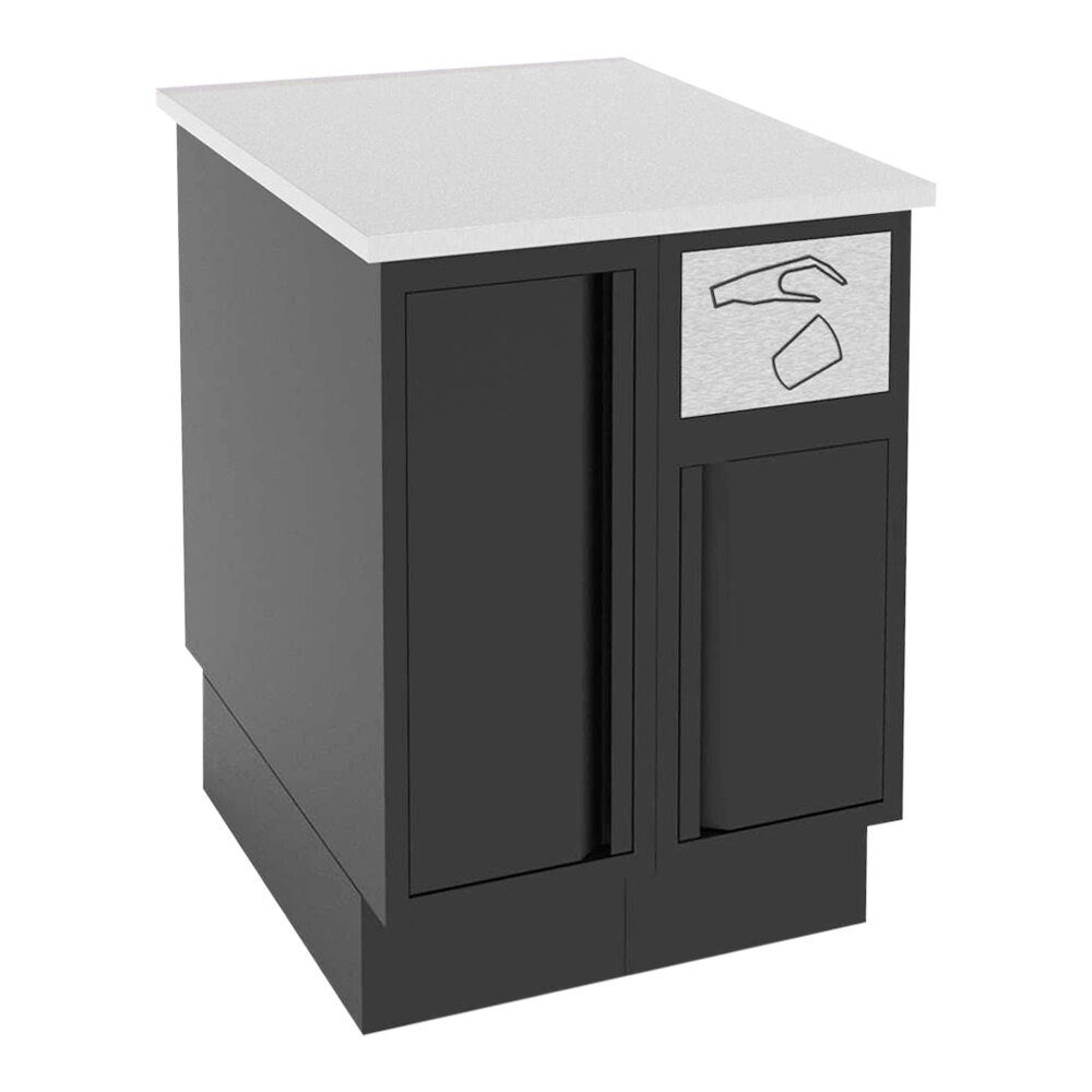 ShopCo 24 7/8" x 30 3/8" x 34" Modular Food and Beverage Cabinet with 1/2 Trash Receptacle - Black Doors and Stainless Steel Counter