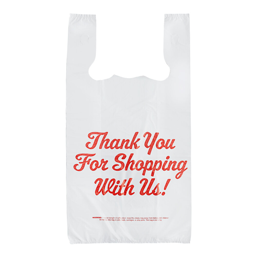 Choice 1/6 Standard Size White "Thank You" Script Heavy-Duty Plastic T-Shirt Bag - 600/Case