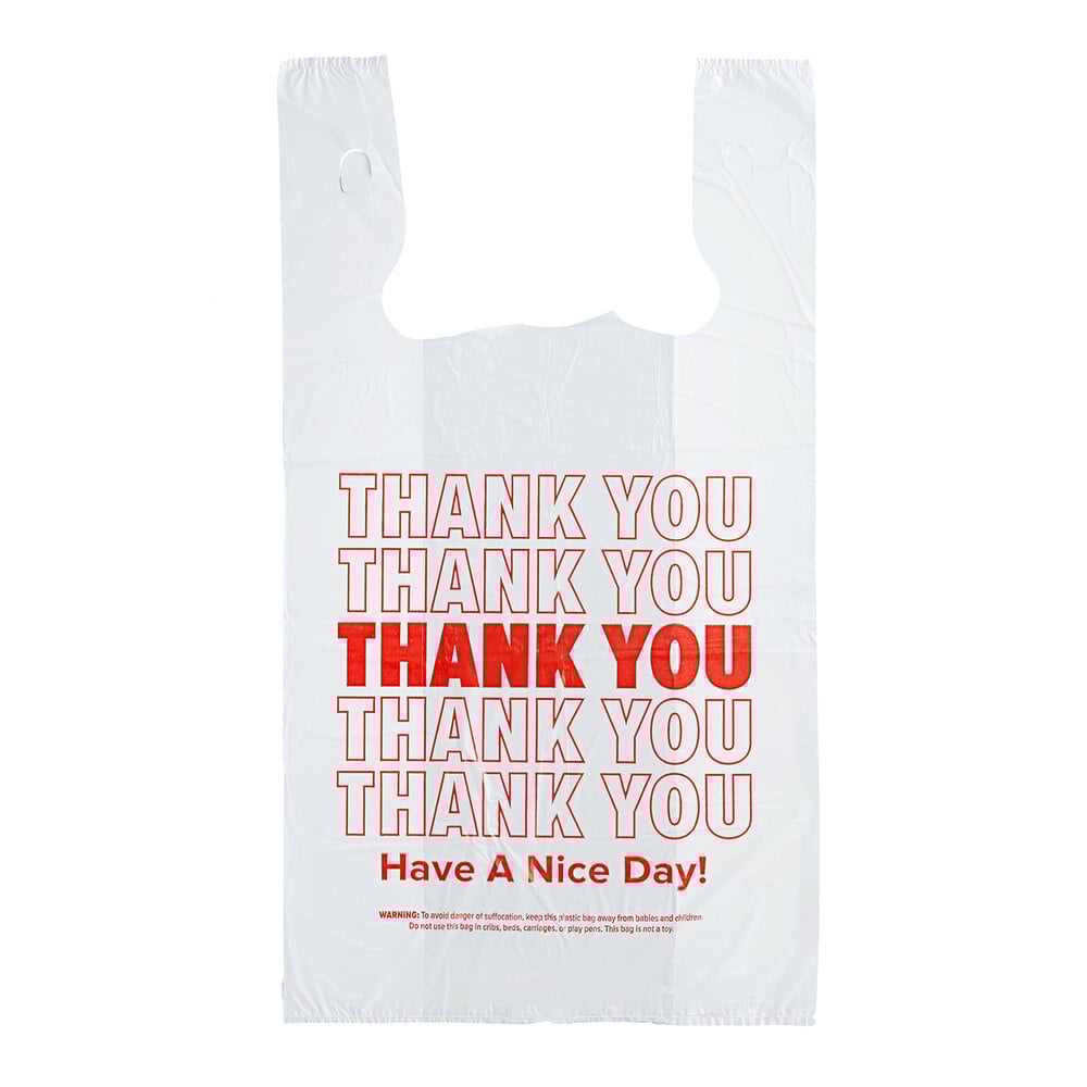 Choice 1/6 Standard Size White "Thank You" Standard-Duty Plastic T-Shirt Bag - 700/Case