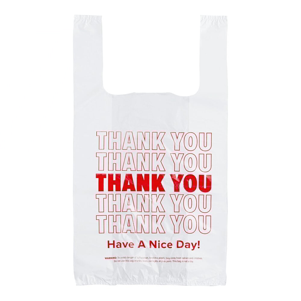 Choice 1/8 Small Size White "Thank You" Standard-Duty Plastic T-Shirt Bag - 1,000/Case