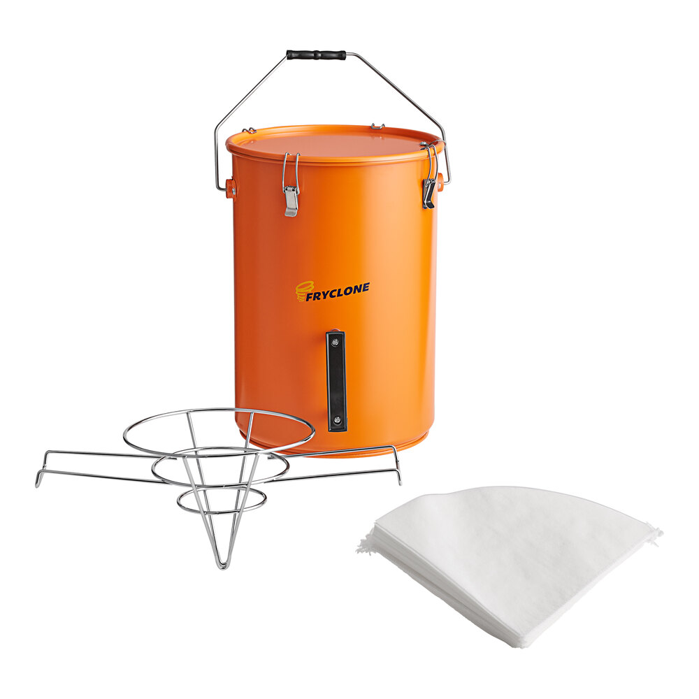 Fryclone Oil Filtration Kit with 6.5 Gallon Orange Utility Oil Pail, Filter Cones, and Filter Holder