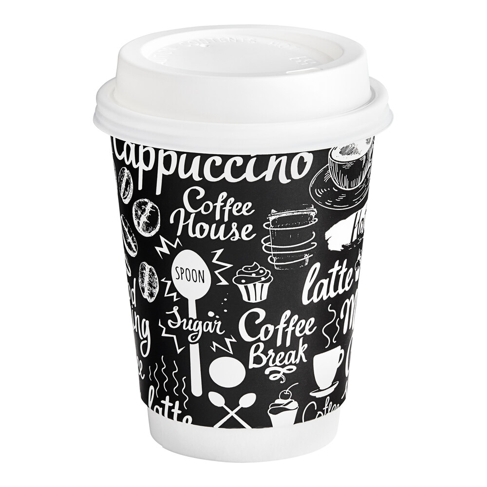 Choice 12 oz. Coffee Break Print Smooth Double Wall Paper Hot Cup and Lid - 100/Pack