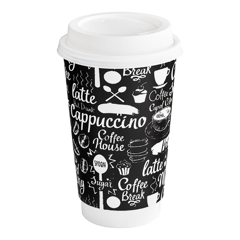 Choice 16 oz. Coffee Break Print Smooth Double Wall Paper Hot Cup and Lid - 100/Pack