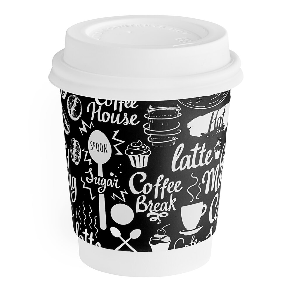 Choice 8 oz. Coffee Break Print Smooth Double Wall Paper Hot Cup and Lid - 100/Pack