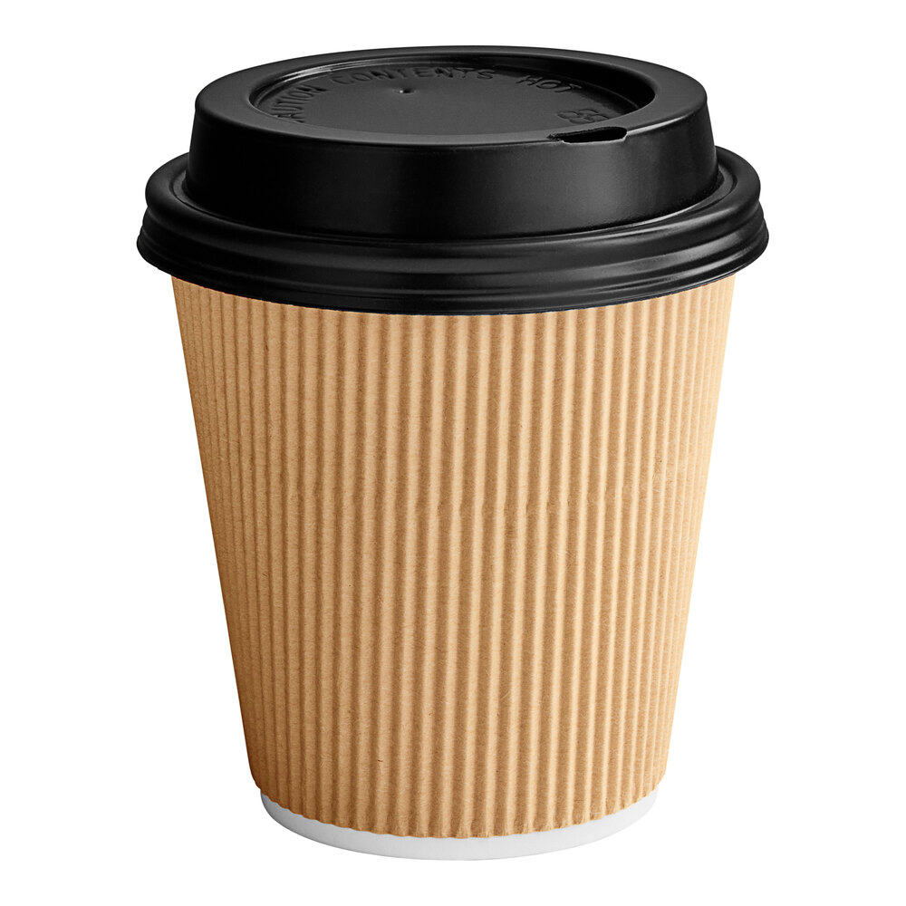 Choice 10 oz. Double Wall Ripple Kraft Paper Hot Cup and Black Lid - 100/Pack