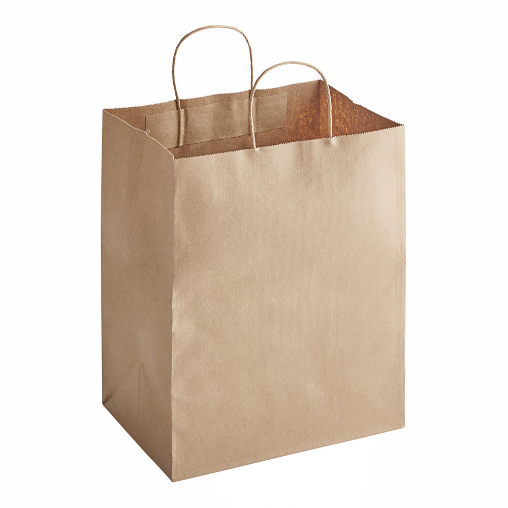 10" x 6 3/4" x 12" Natural Kraft Paper Customizable Shopping Bag with Handles - 250/Case