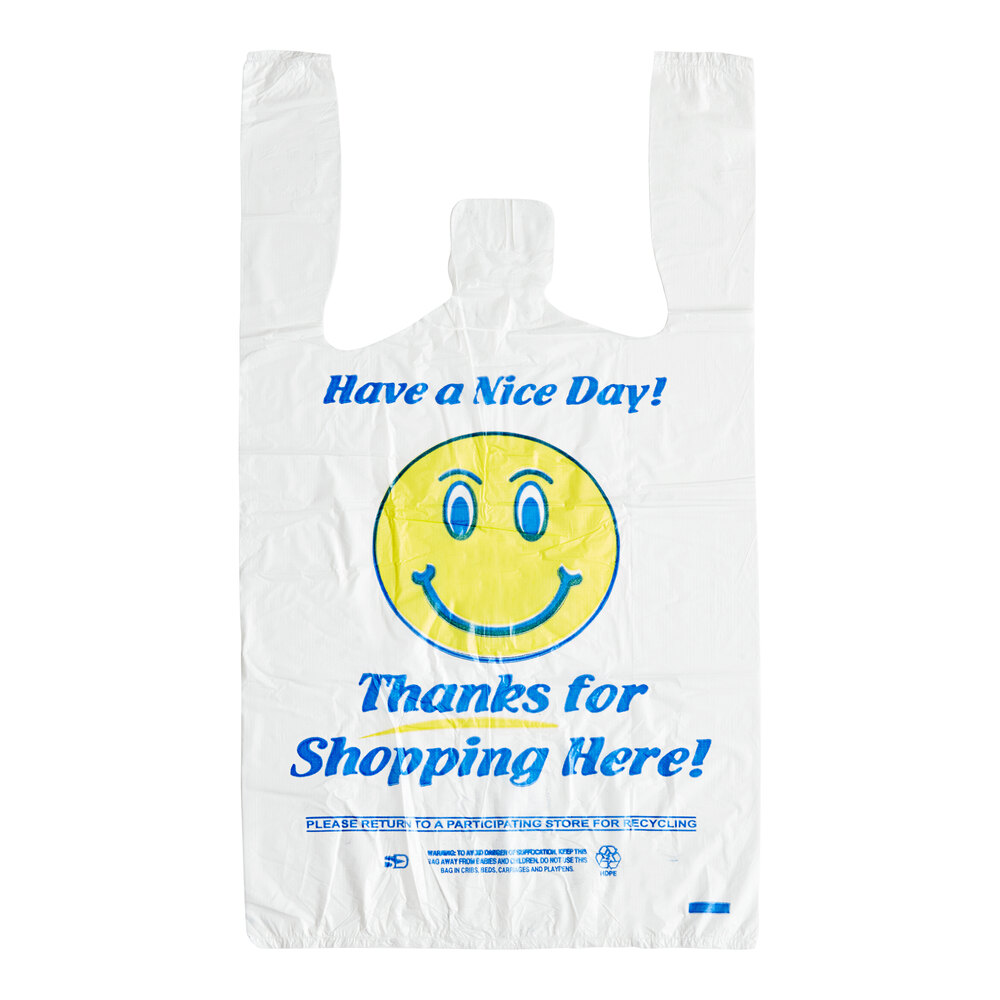 Choice 1/8 Small Size White "Happy Face" Standard-Duty Plastic T-Shirt Bag - 1,000/Case