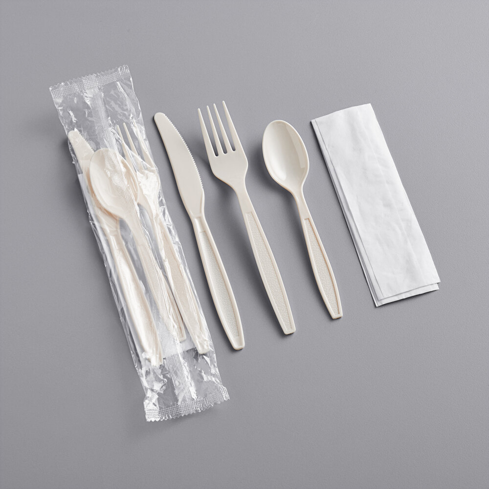 Choice Beige Heavy Weight Wrapped Polystyrene Plastic Cutlery Pack with Napkin - 500/Case