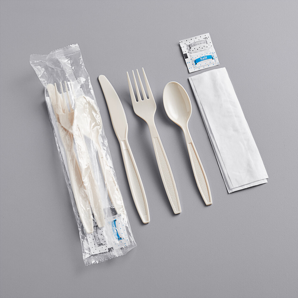 Choice Beige Heavy Weight Wrapped Polystyrene Plastic Cutlery Pack with Napkin and Salt and Pepper Packets - 500/Case