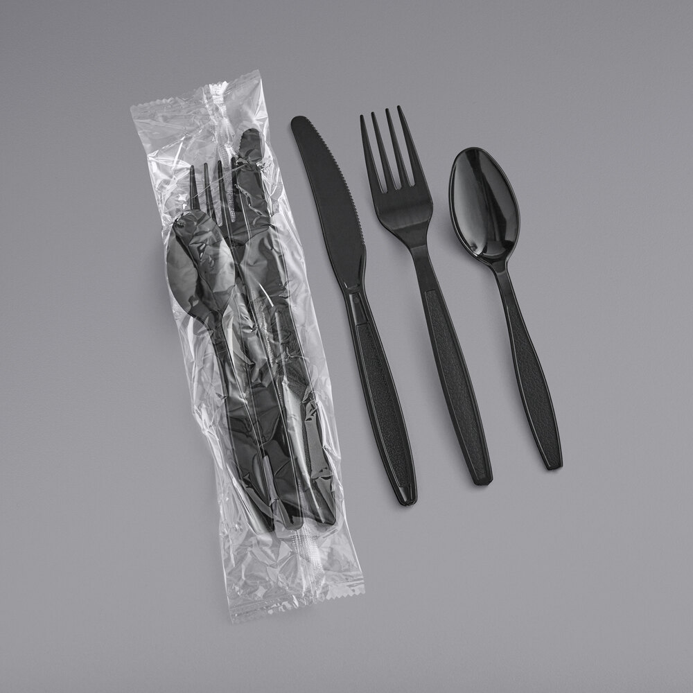 Choice Black Heavy Weight Wrapped Polystyrene Plastic Cutlery Pack - 500/Case