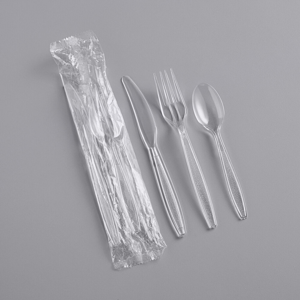 Choice Clear Heavy Weight Wrapped Polystyrene Plastic Cutlery Pack - 500/Case
