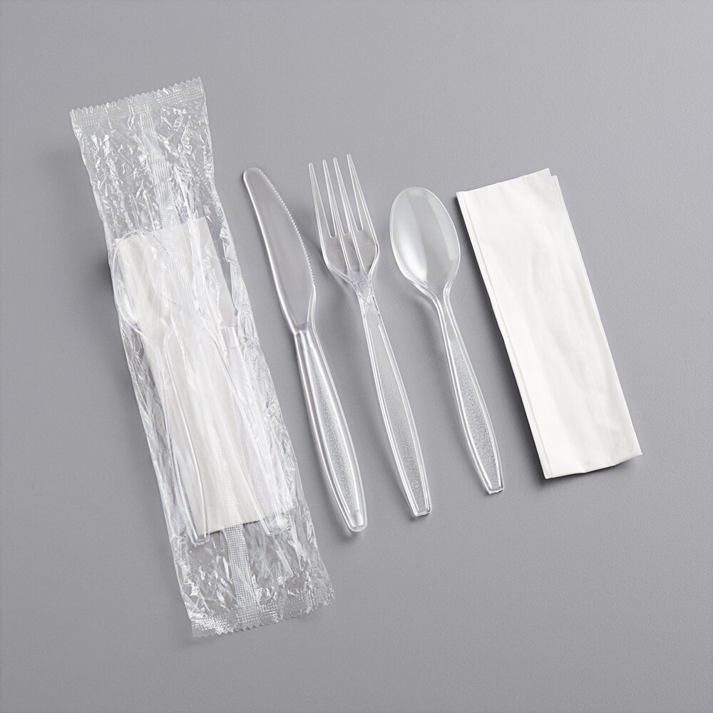 Choice Clear Heavy Weight Wrapped Polystyrene Plastic Cutlery Pack with Napkin - 500/Case