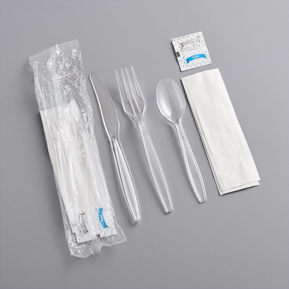 Choice Clear Heavy Weight Wrapped Polystyrene Plastic Cutlery Pack with Napkin and Salt and Pepper Packets - 500/Case