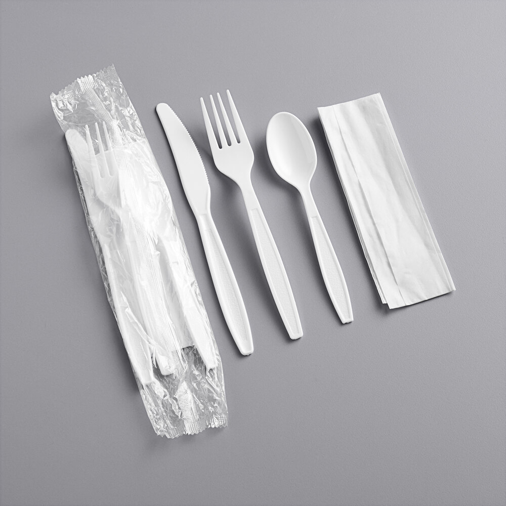 Choice White Heavy Weight Wrapped Polystyrene Plastic Cutlery Pack with Napkin - 500/Case