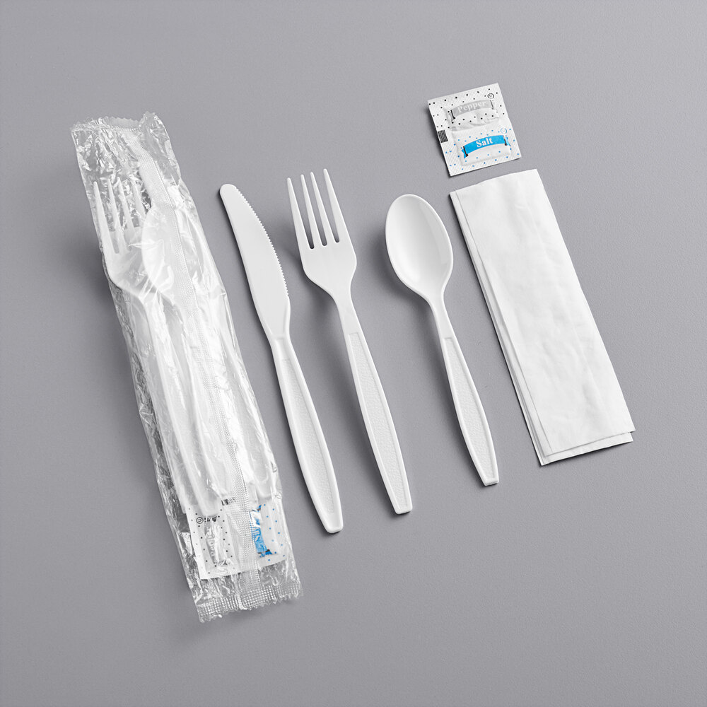 Choice White Heavy Weight Wrapped Polystyrene Plastic Cutlery Pack with Napkin and Salt and Pepper Packets - 500/Case